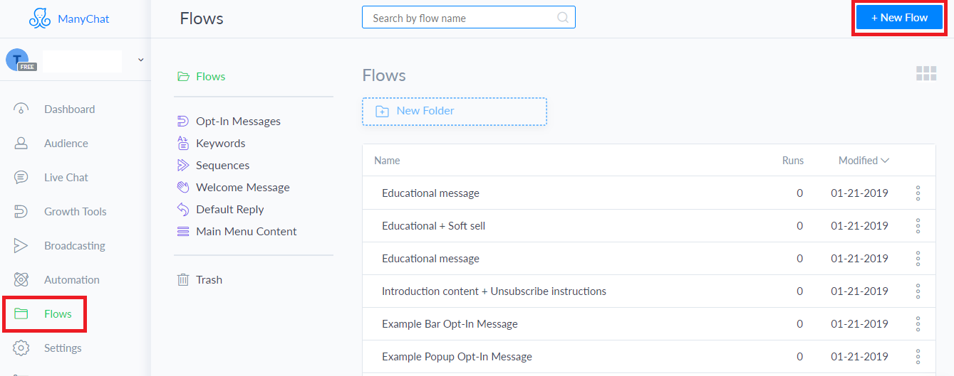 The flows tab on ManyChat to create your message for lead generation on Facebook Messenger.