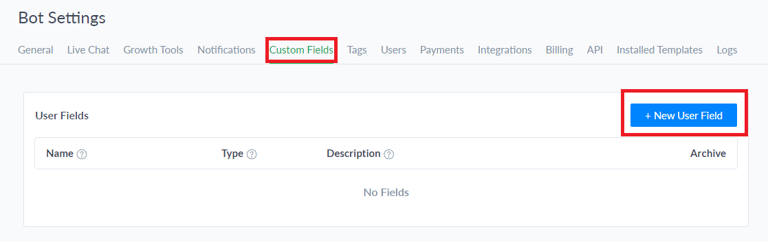 See how the bot settings should look and how to add new user fields