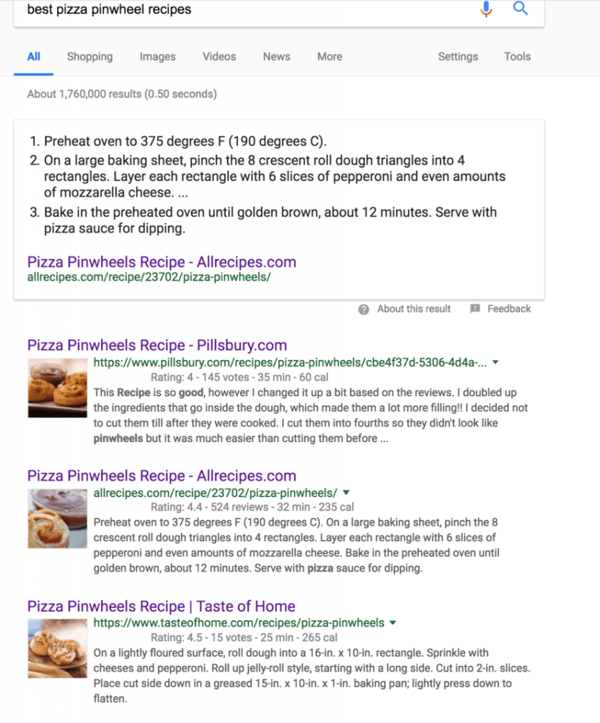 The google serp for best Pizza Pinwheel Recipe