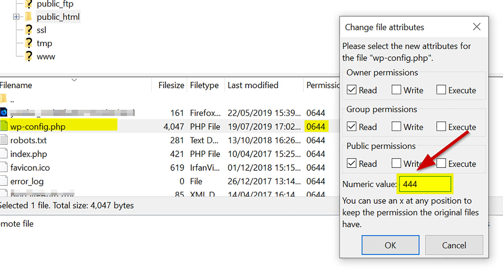 File permissions shown in this picture indicate why these 5 WordPress security tips are important.