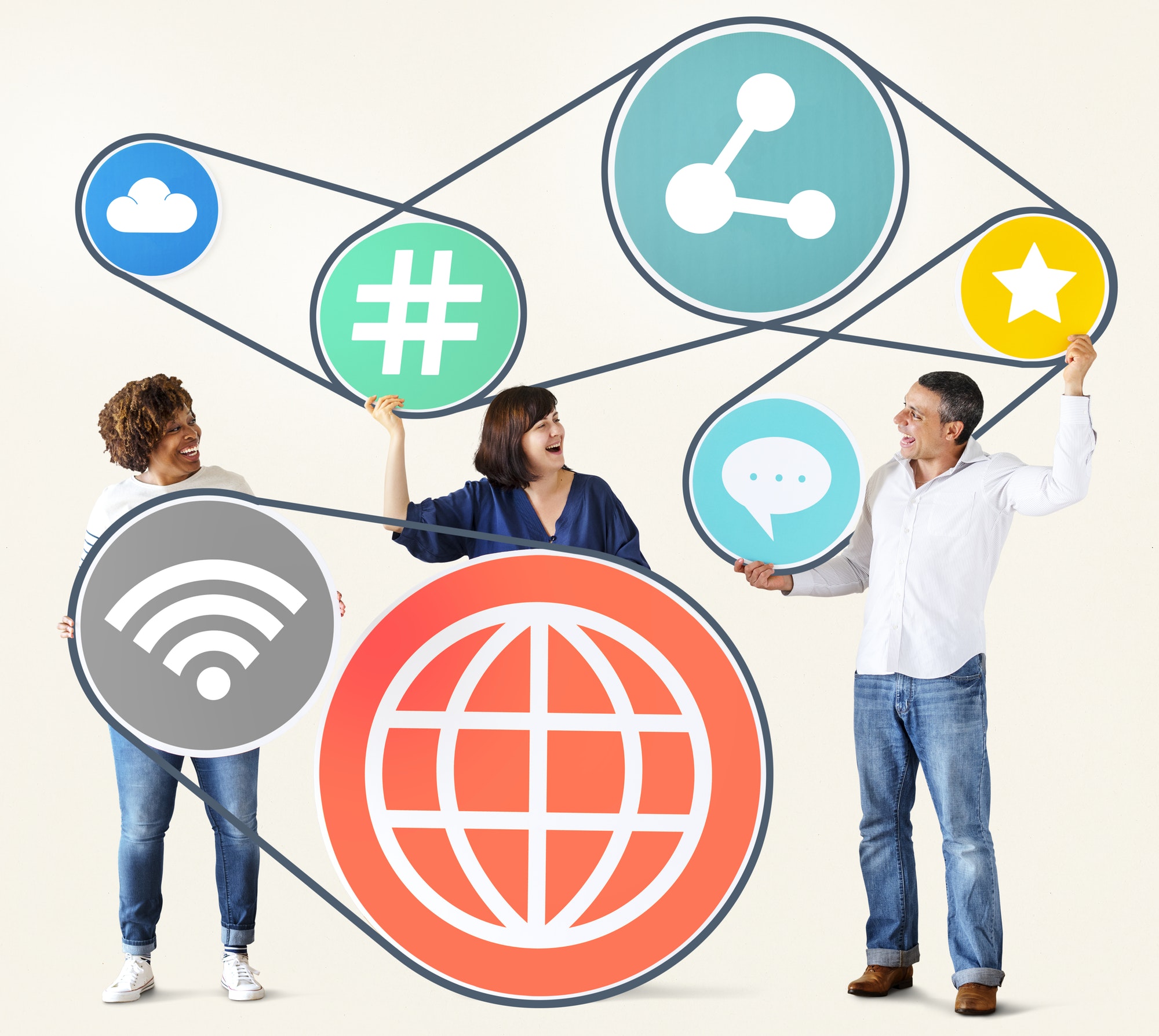 Diverse people with social media icons as part of an omnichannel marketing approach