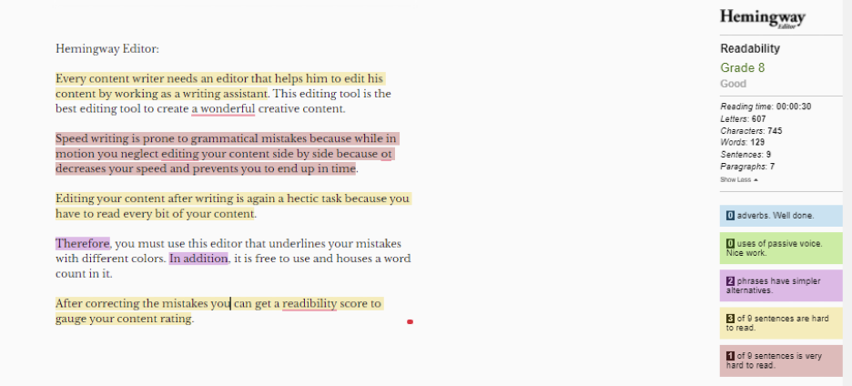 Hemingway Editor example screen.  Tools To Help You Become A Better Writer.