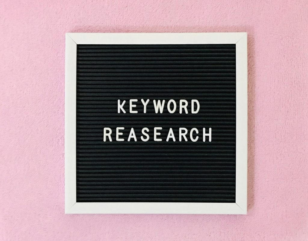 Keyword Research posted on a board.