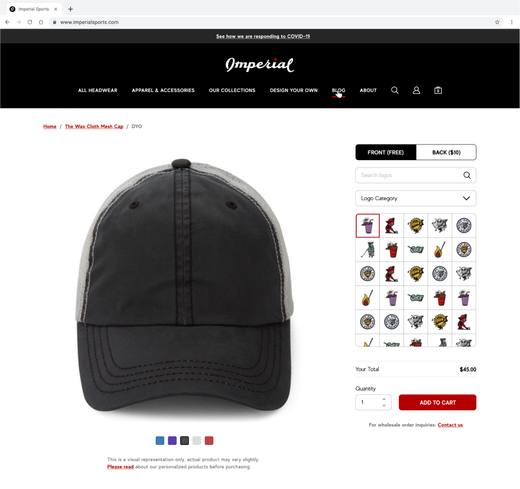 View of hat designer as part of the website revamp case study.
