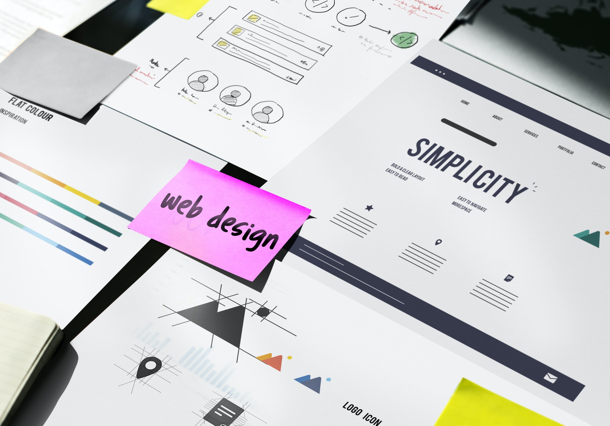Web design written on a post-it note on top of designs.