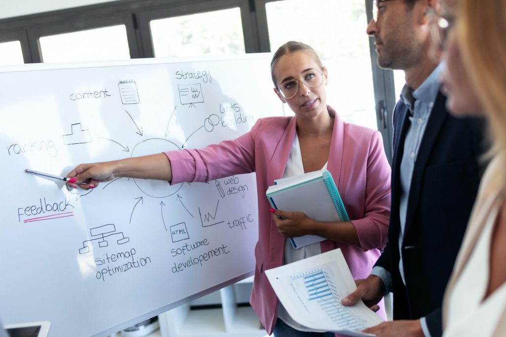 young businesswoman pointing at white blackboard and explain a project to her colleagues