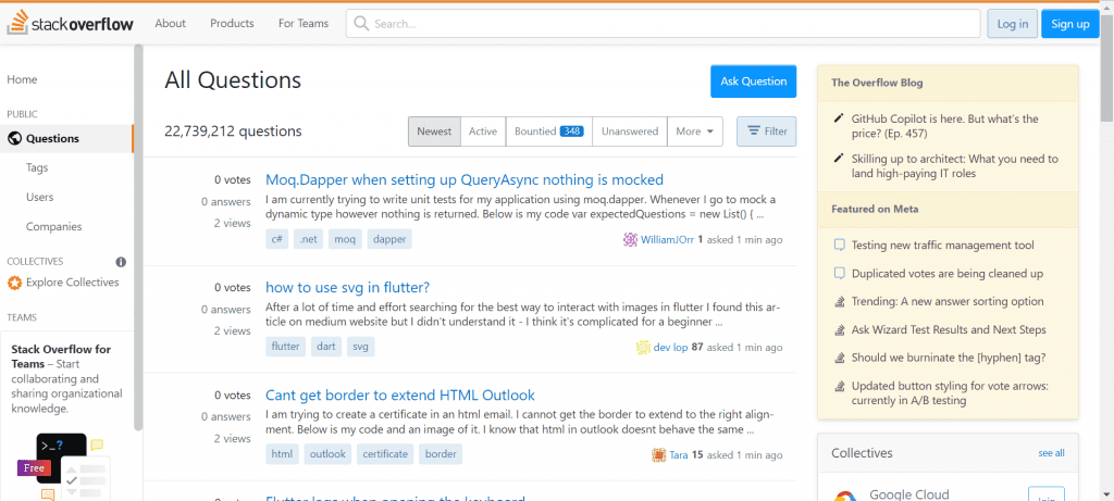 Screenshot of StackOverflow Questions page