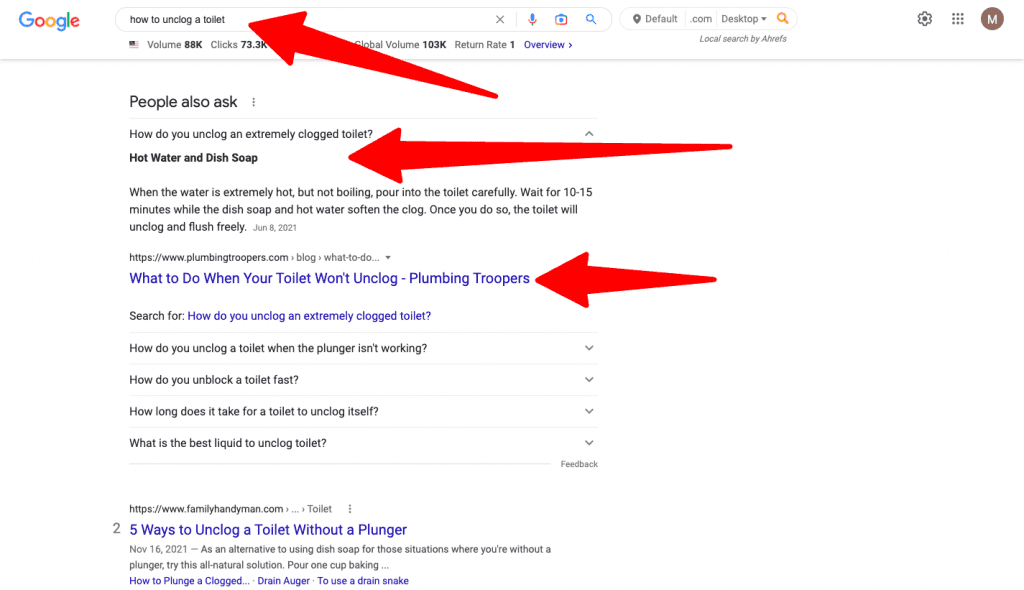 Example of search results showing the answer to a plumbing FAQ