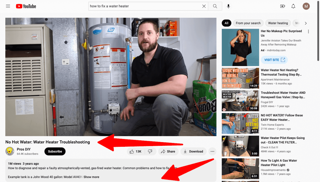 YouTube video that answers a common problem people have with their water heater and has an optimized description with keywords
