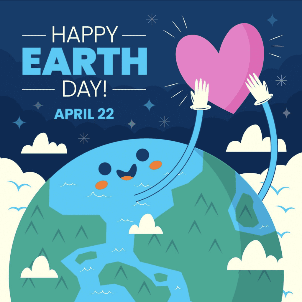 Happy Earth Day. Cartoon Earth Holding Up A Heart.