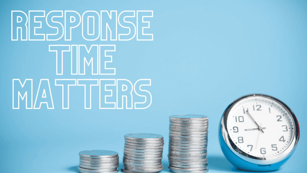 Response time matters with three rising stacks of quarters next to a wall clock
