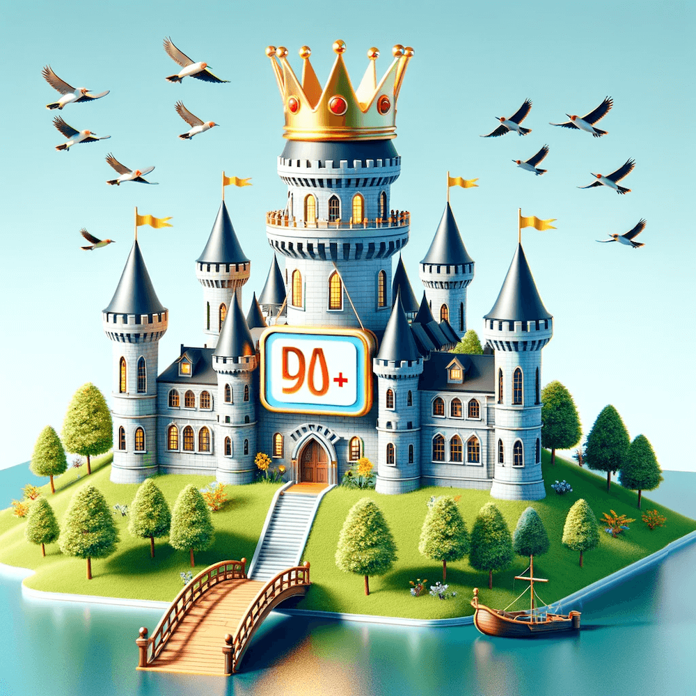 A castle with the number 90+ on the front representing domain authority. Technical Optimizations.