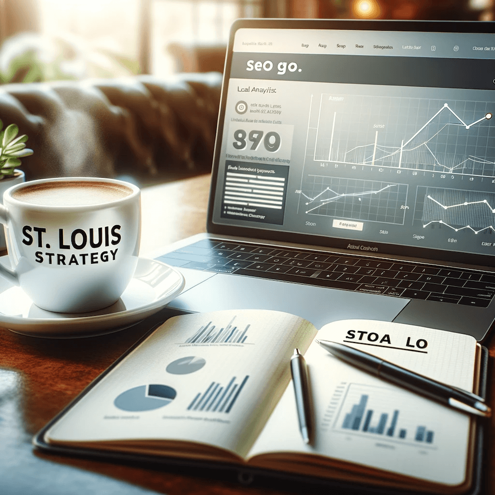 A close-up image of a laptop screen displaying local SEO analytics and graphs, with a coffee cup and a notepad with 'St. Louis SEO Strategy' written on it.