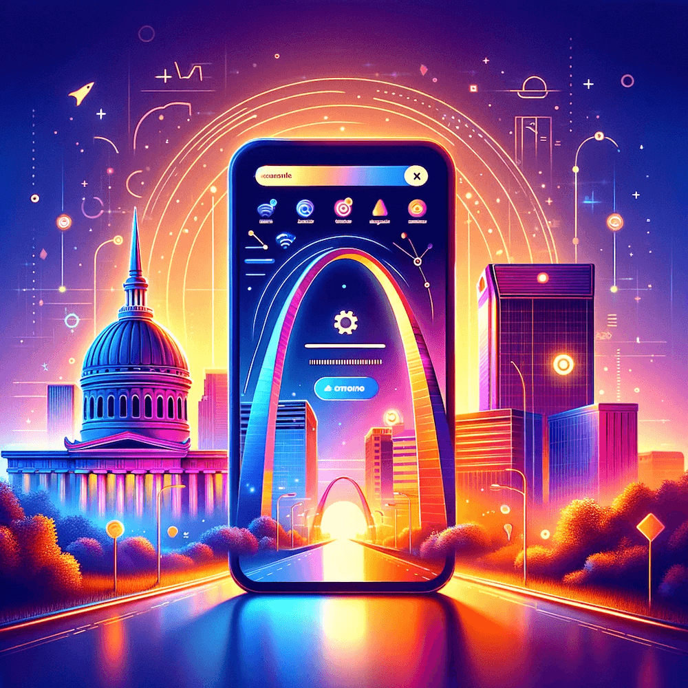Mobile optimizations in St. Louis represented by a graphic of a giant phone with the arch in front of it.