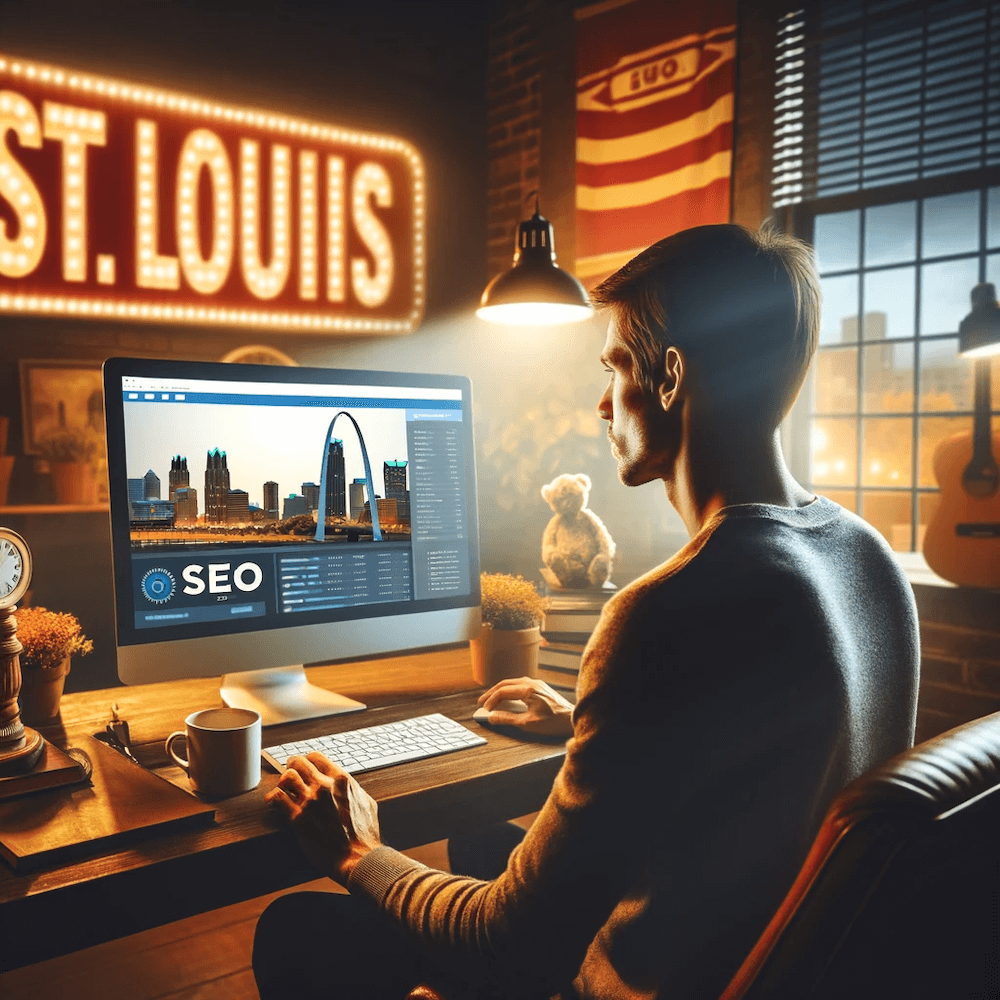 St. Louis Local SEO. Man sitting at computer doing SEO.