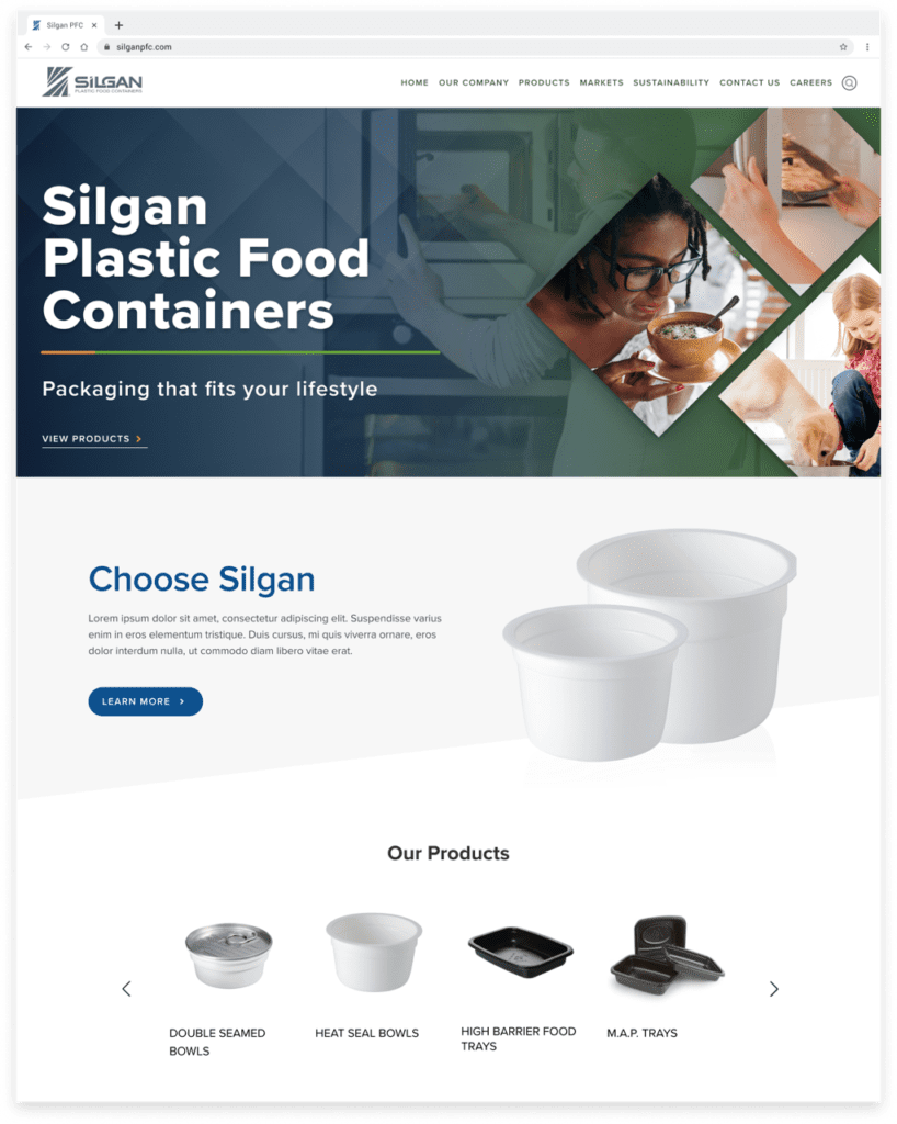 The website design, navigation, and structure of Silgan plastics. 