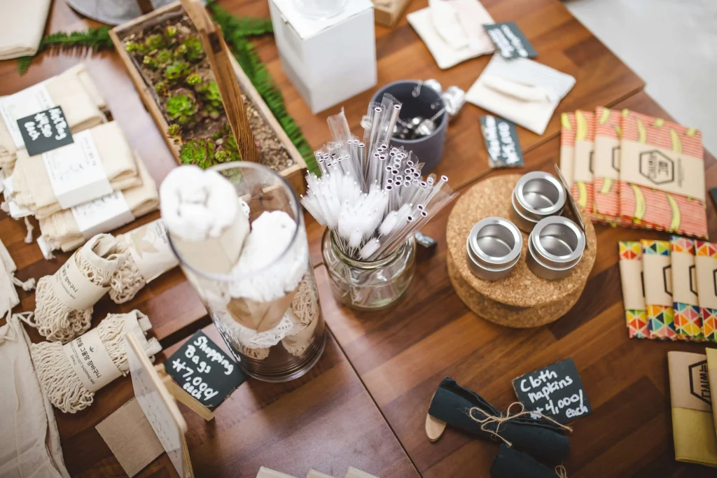 A table full of eco friendly promotional products