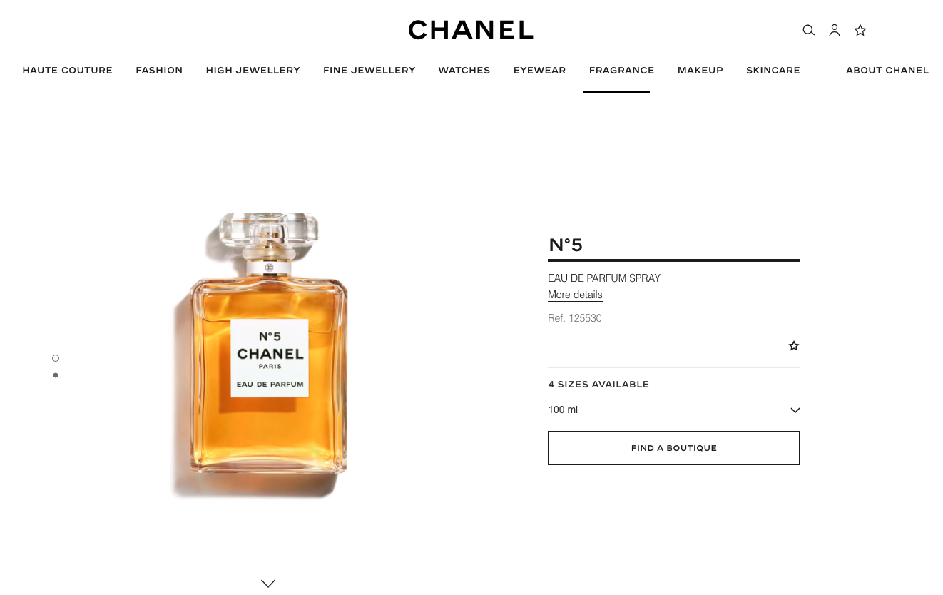 Chanel Number 5 fragrance page.